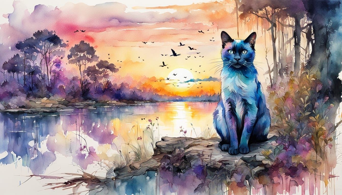 Watercolor Landscape with Siamese Cat in Expressionist Style