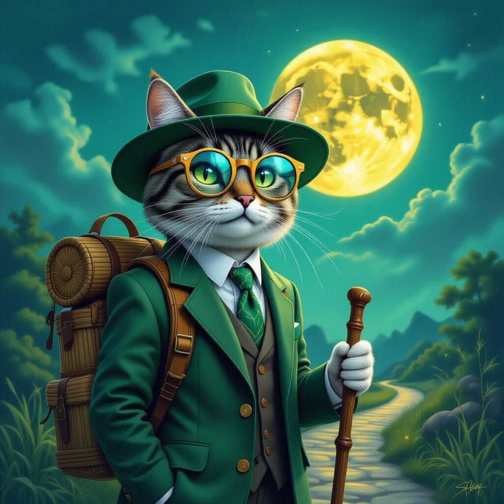 Realistic Cat Explorer in Green Suit with Moonlit Path