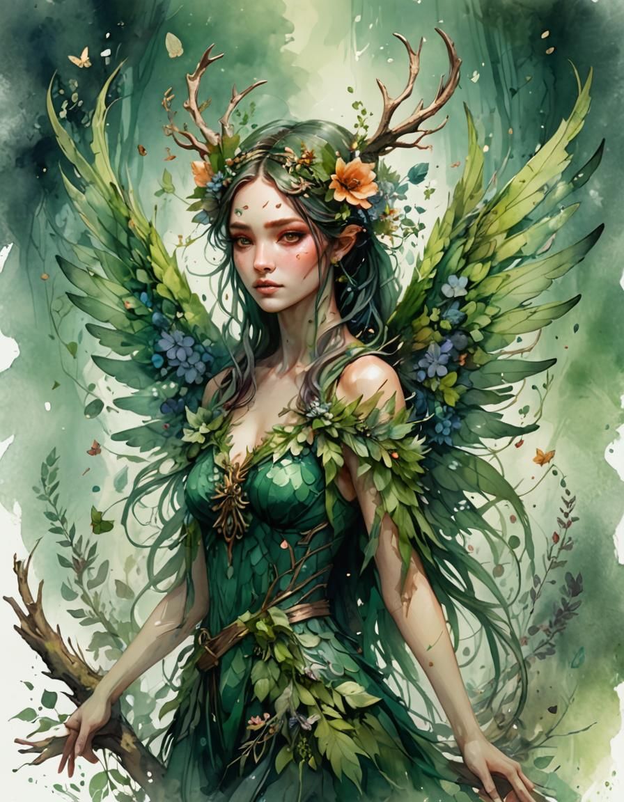Forest Fae with Antlers and Wings in Watercolor Style