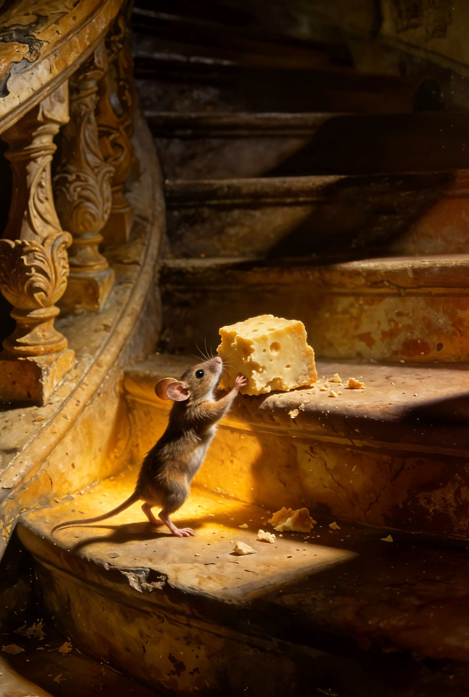 Determined Mouse Pushes Cheese Up Grand Staircase