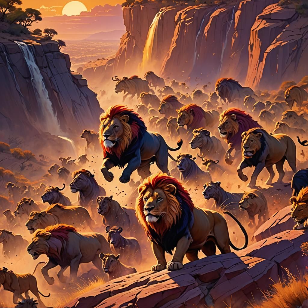 Mufasa's Fall: Savannah Sunset in Concept Art Style