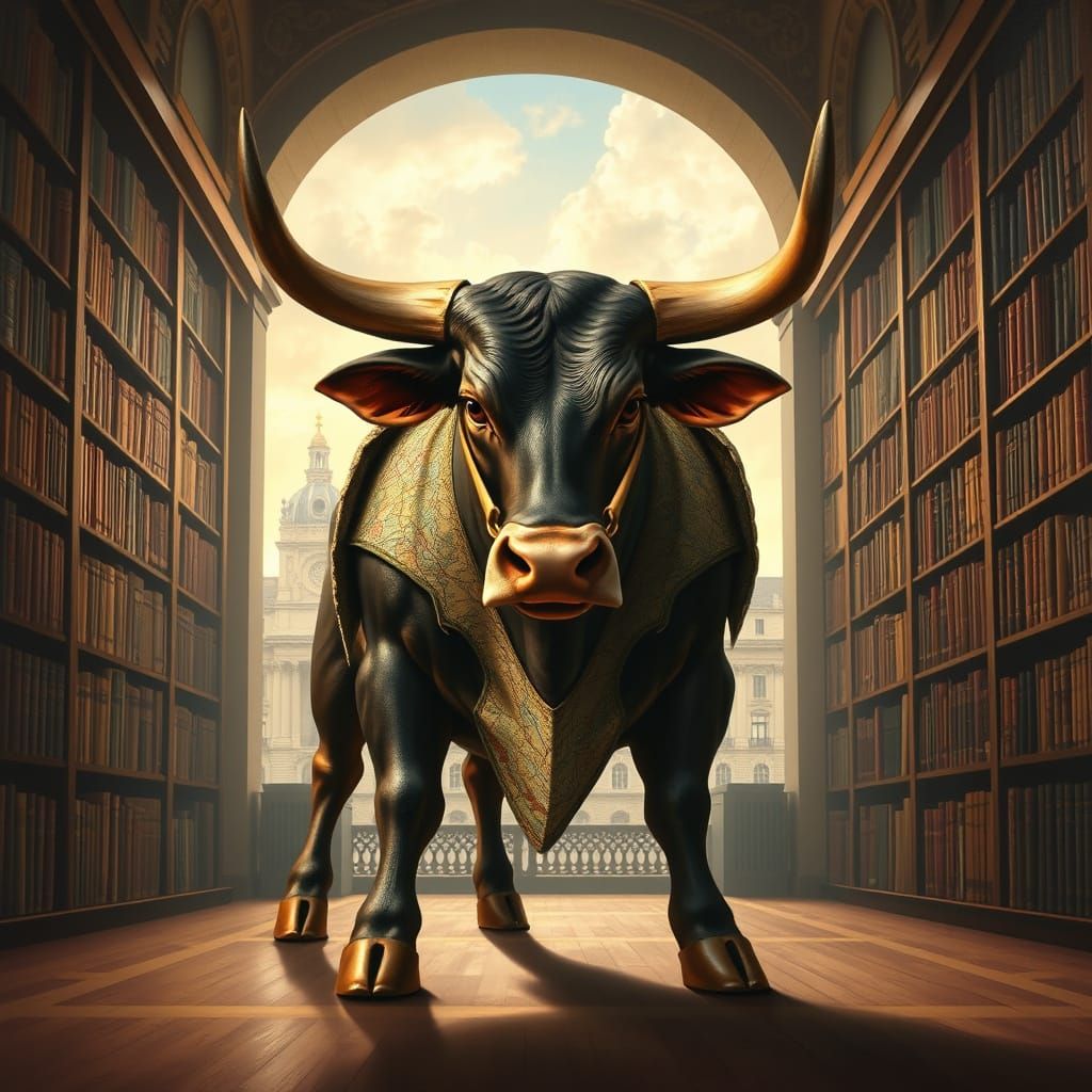 Spanish Fighting Bull in Library, Classical Oil Painting