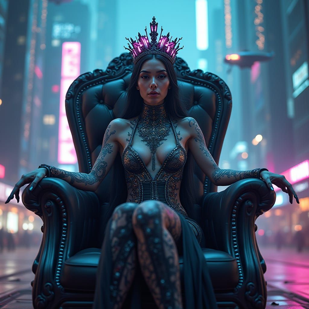 Cyberpunk Queen with Neon Tattoos on Throne