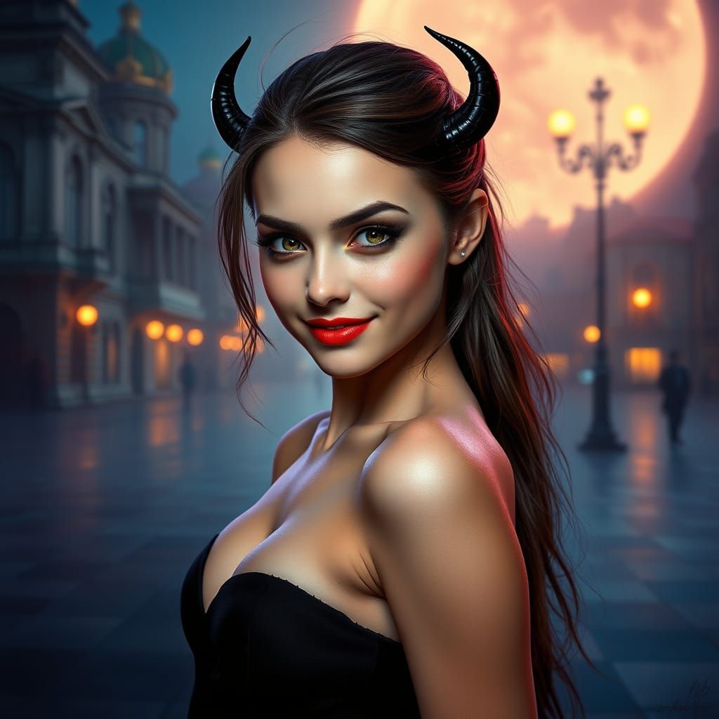 Enchanting Beauty in Moonlit City Square