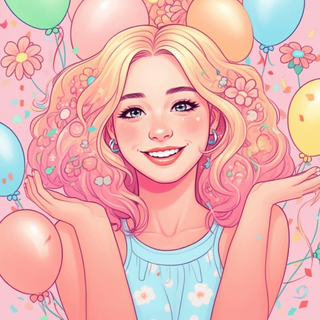 Joyful Woman Surrounded by Colorful Whimsy