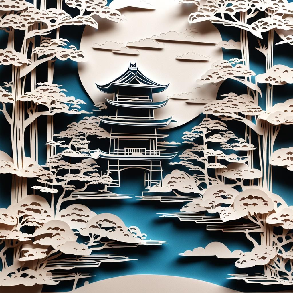 Tranquil Japanese Landscape in Kirigami Style