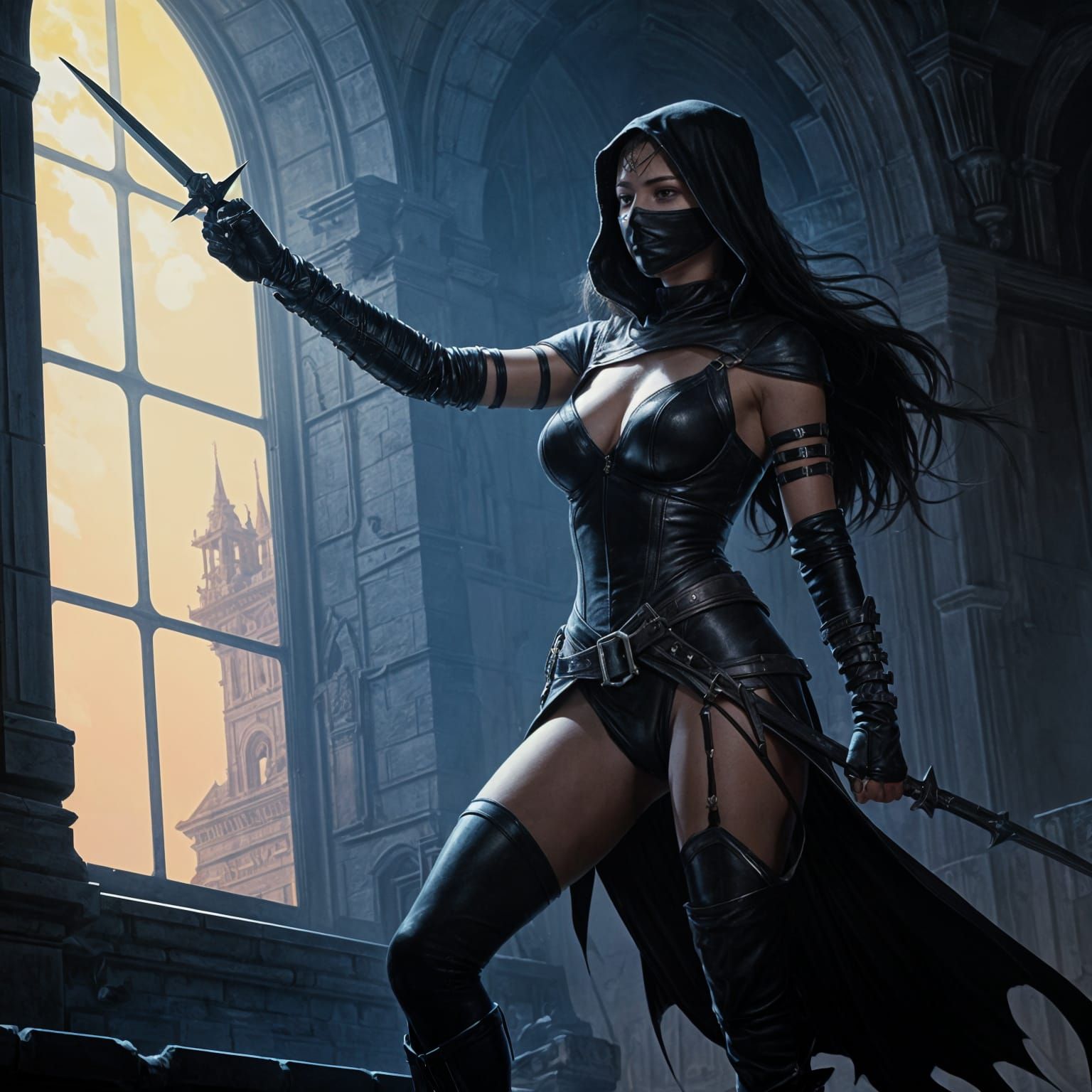 Stealthy Medieval Assassin on Rooftop in the Night