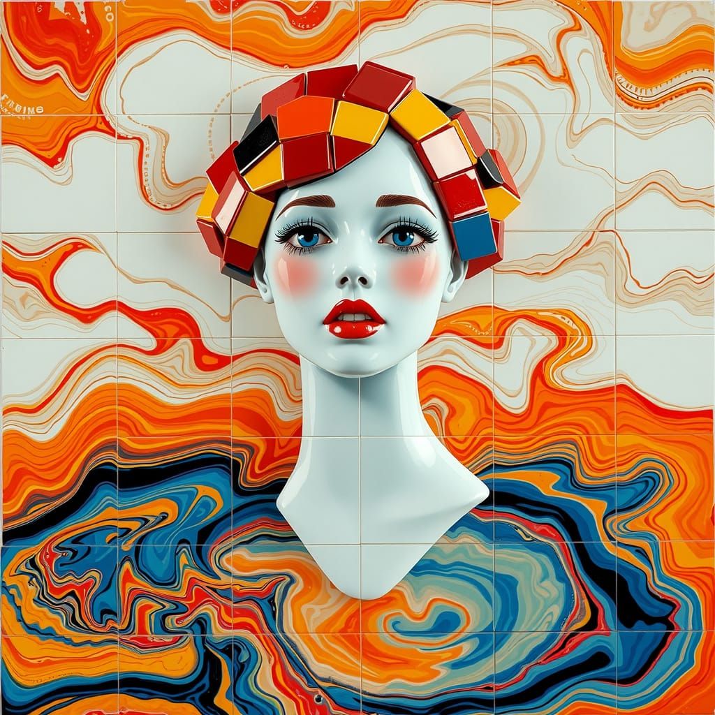 Ceramic Tile Woman Above Swirling Multicolored Sea