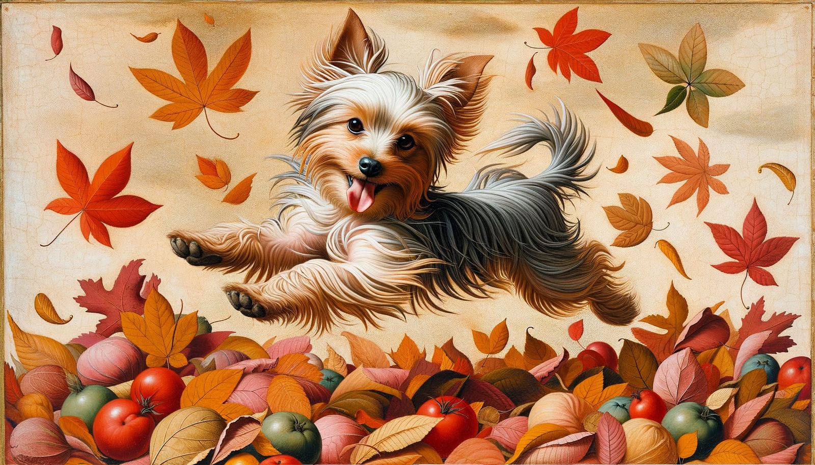 Yorkie Leaps Through Autumn Leaves, Renaissance Style