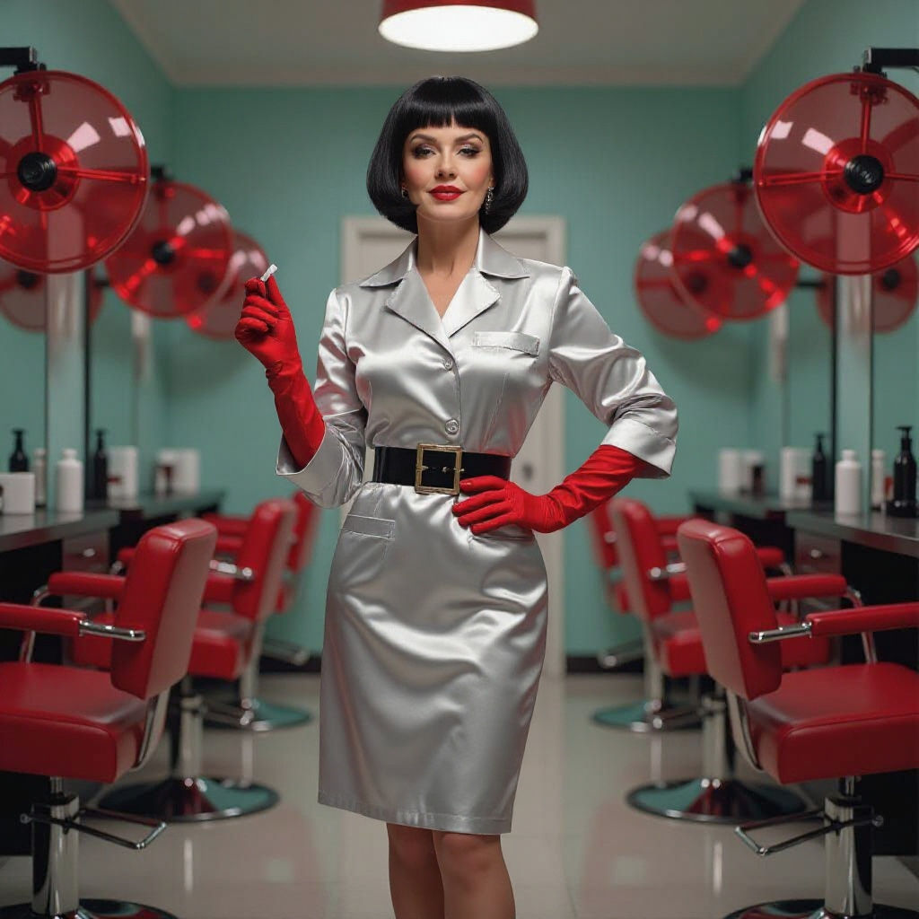 Retro Salon: Silver-Suited Stylist with Cigarette Holder