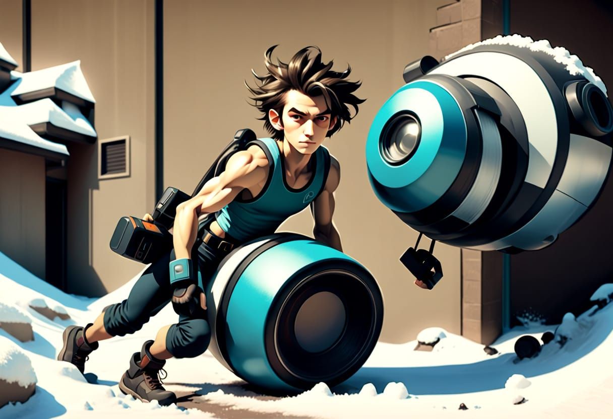 Primitivist Pixel Art of Boy and Dog in Snowy Landscape