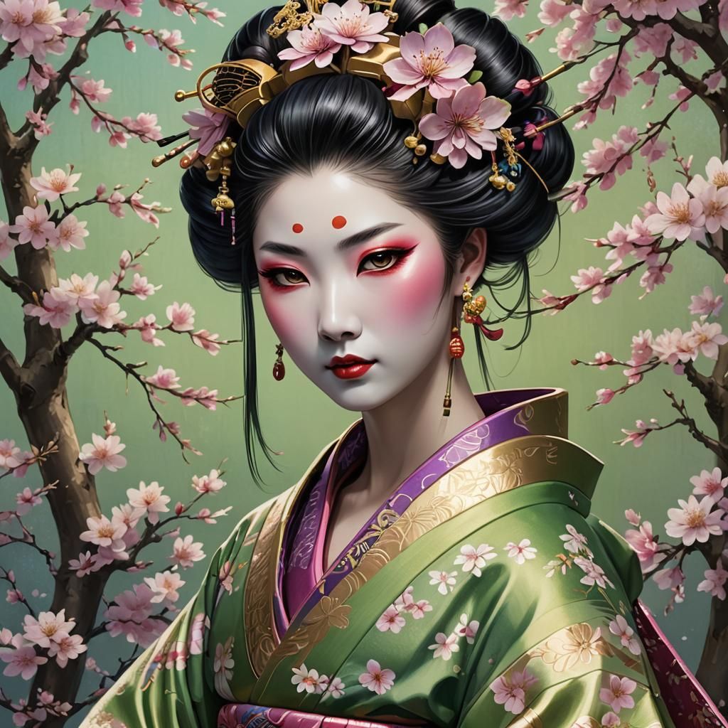 Porcelain Geisha Portrait with Cherry Blossoms