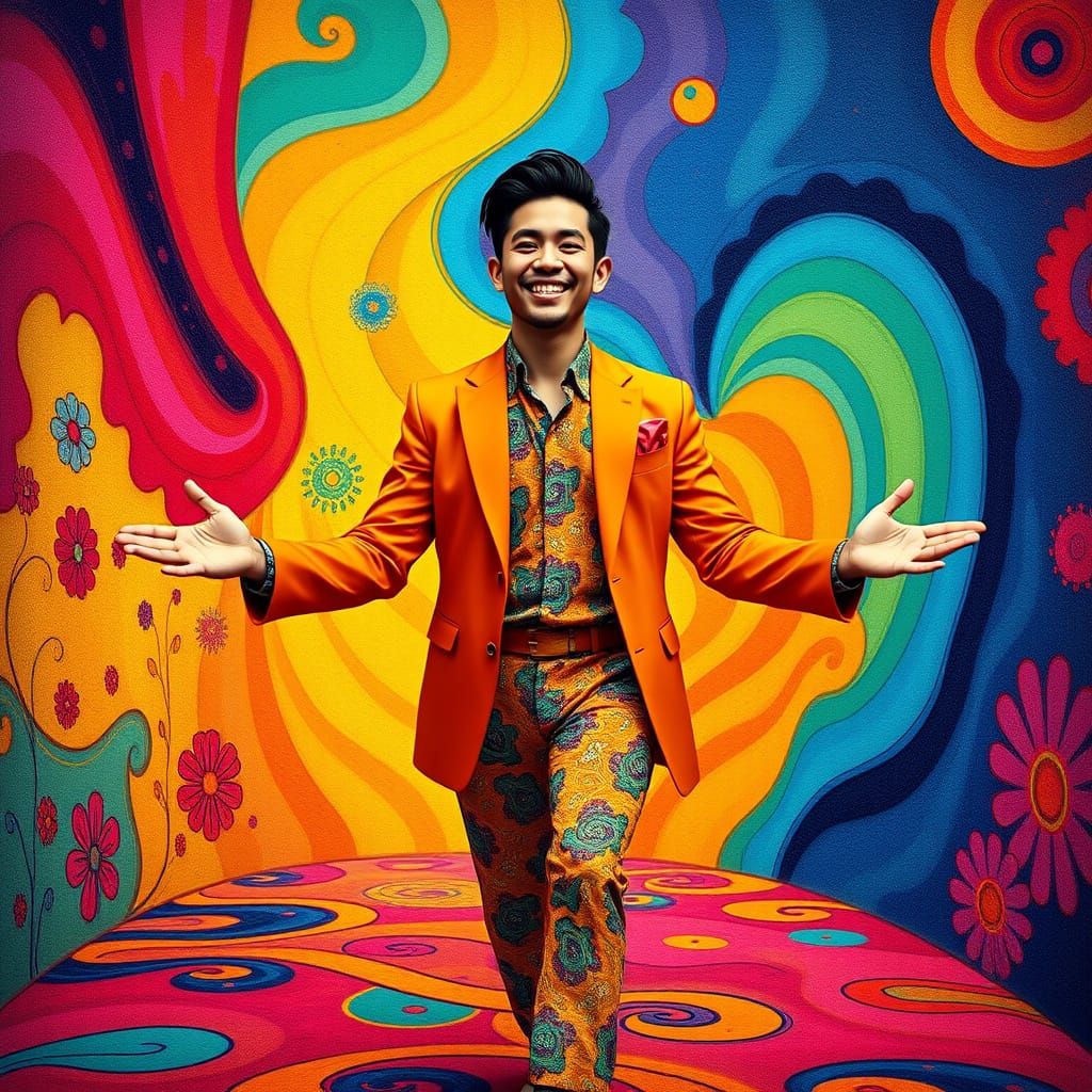 Smiling Man in Colorful Outfit, Lowbrow Art Style