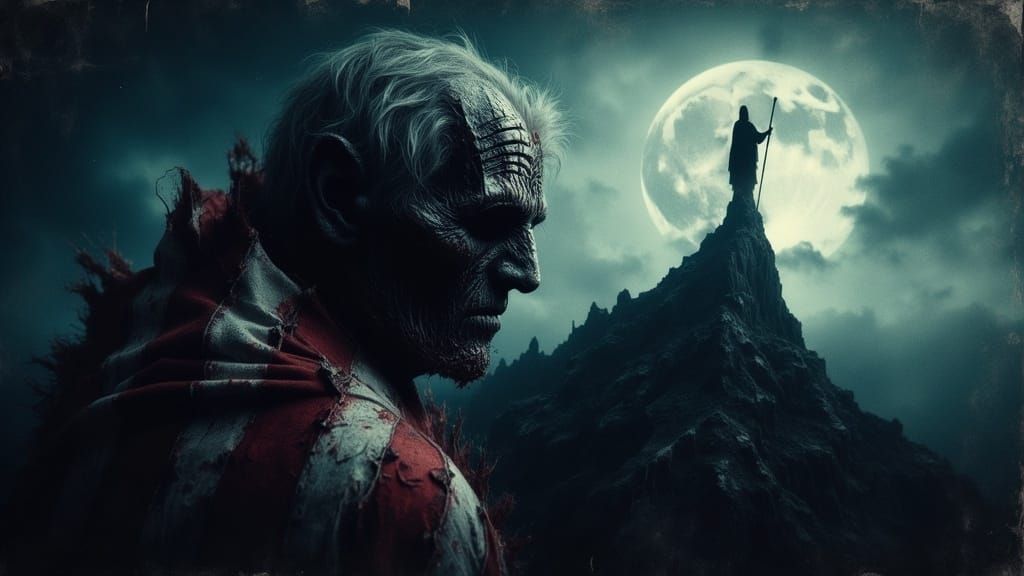 Macabre Oil Painting: Old Man and Grim Reaper