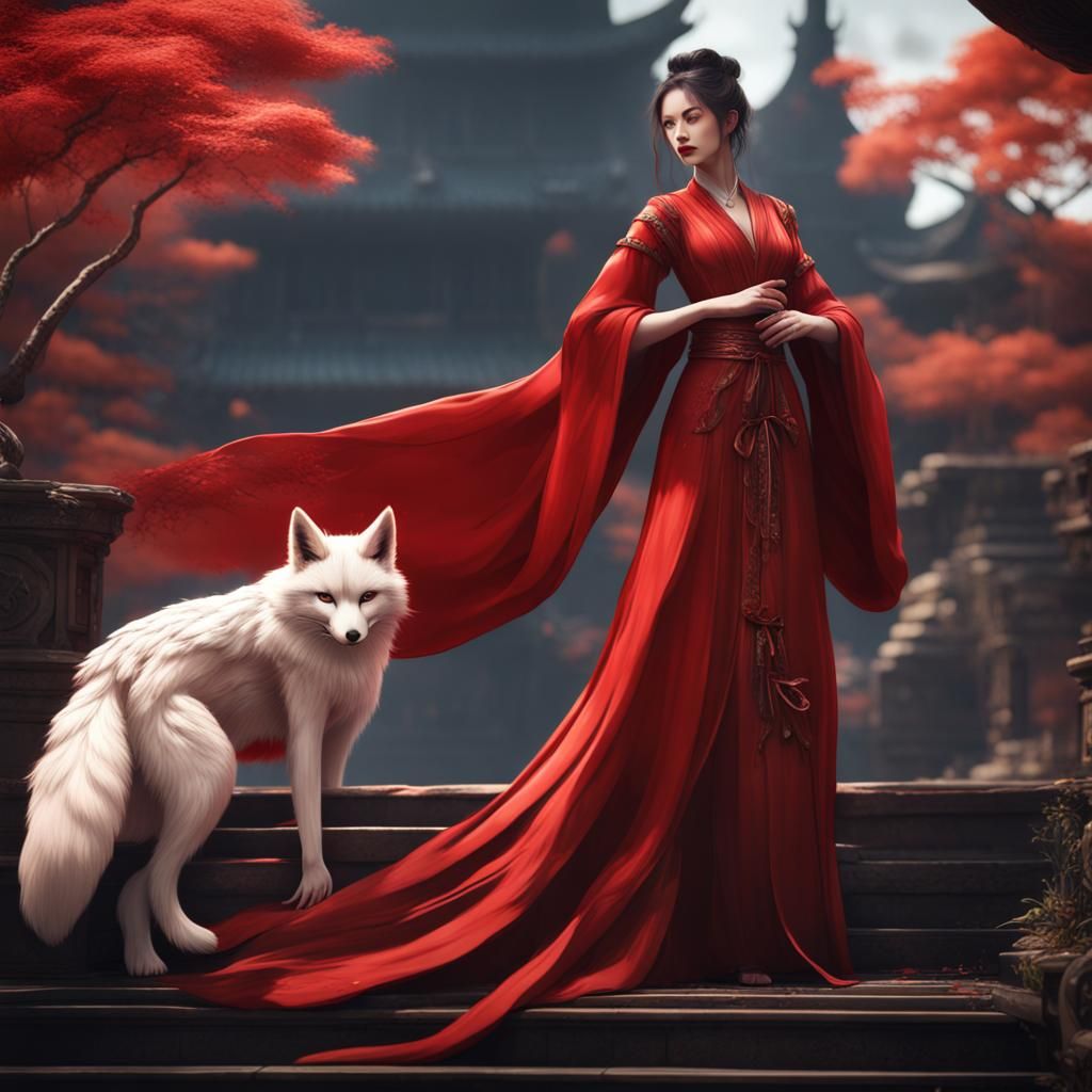Kitsune in Red Dress: Fantasy Concept Art