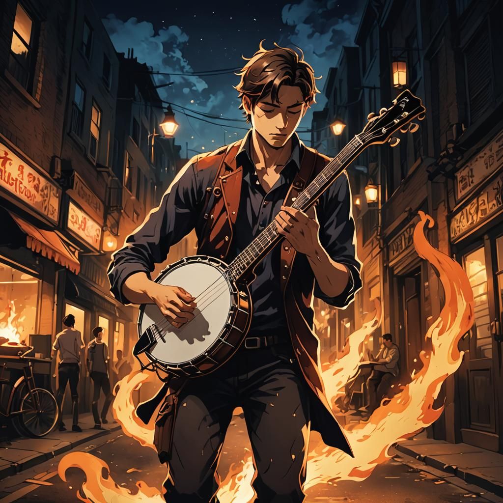 Flaming Banjo Player in Vibrant Anime Style