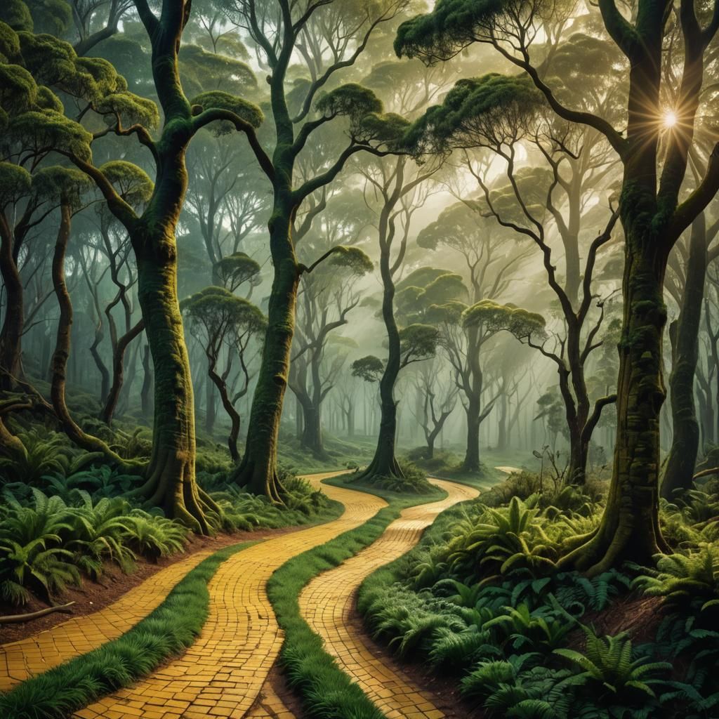 Cinematic Yellow Brick Road Through Emerald Forest