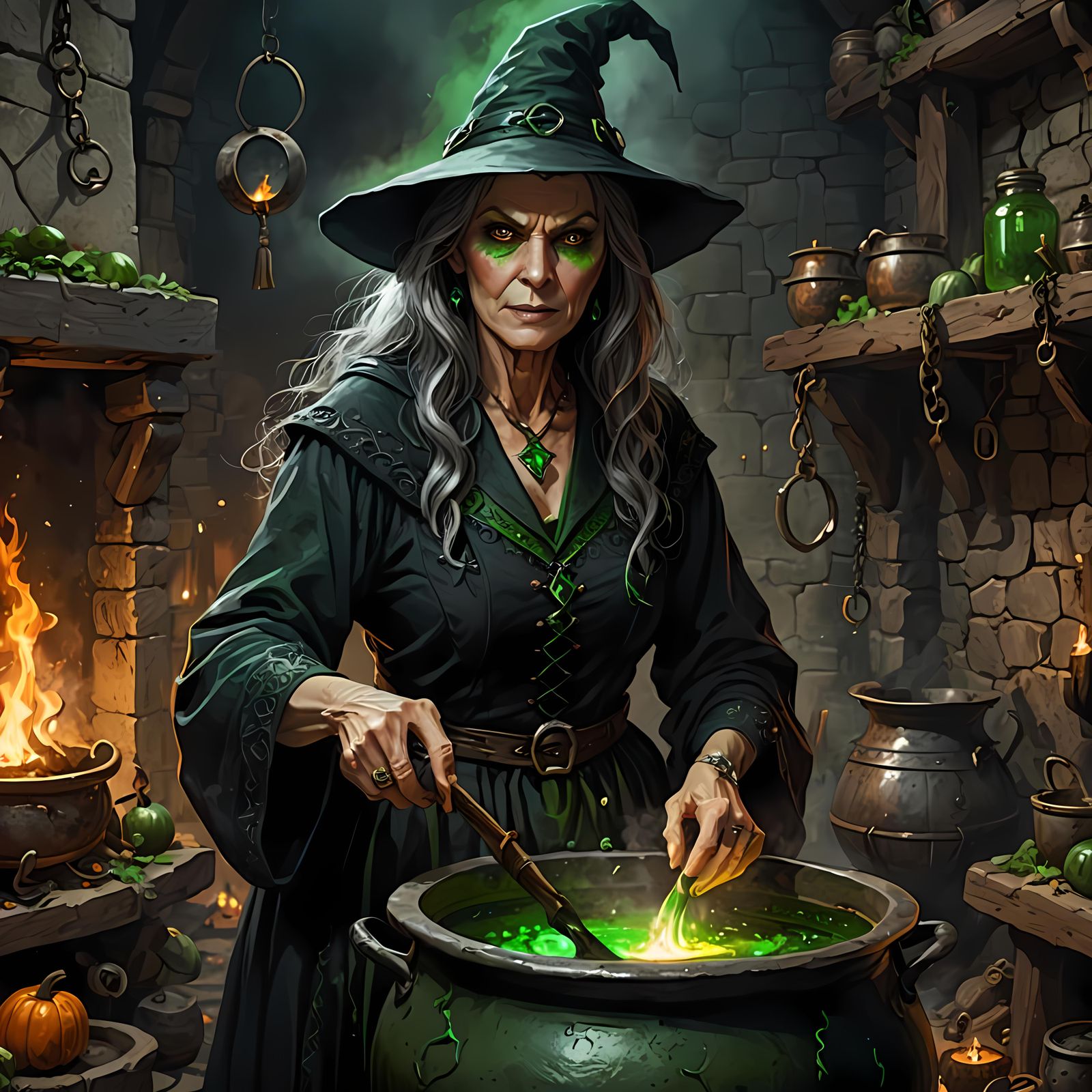 Evil Witch Stirring Cauldron in Dungeon
