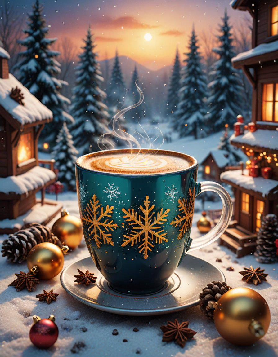 Vibrant Winter Coffee Scene in Oil Painting Style