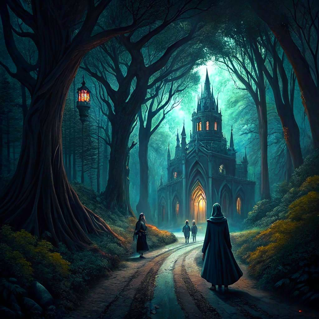 Ethereal Figures Amidst Gothic Ruins in Cosmic Shadows