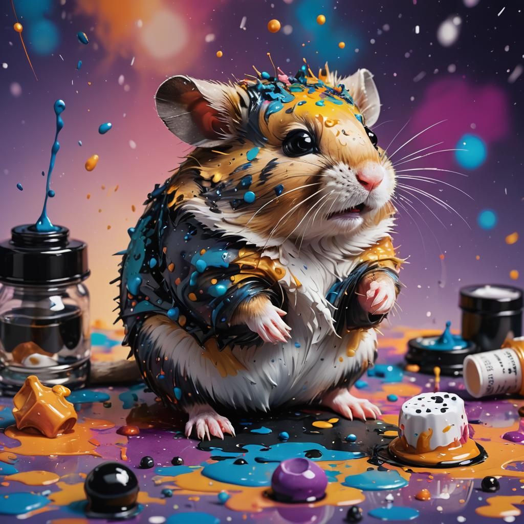 Ink-Splattered Hamster in Hyperrealistic Digital Art