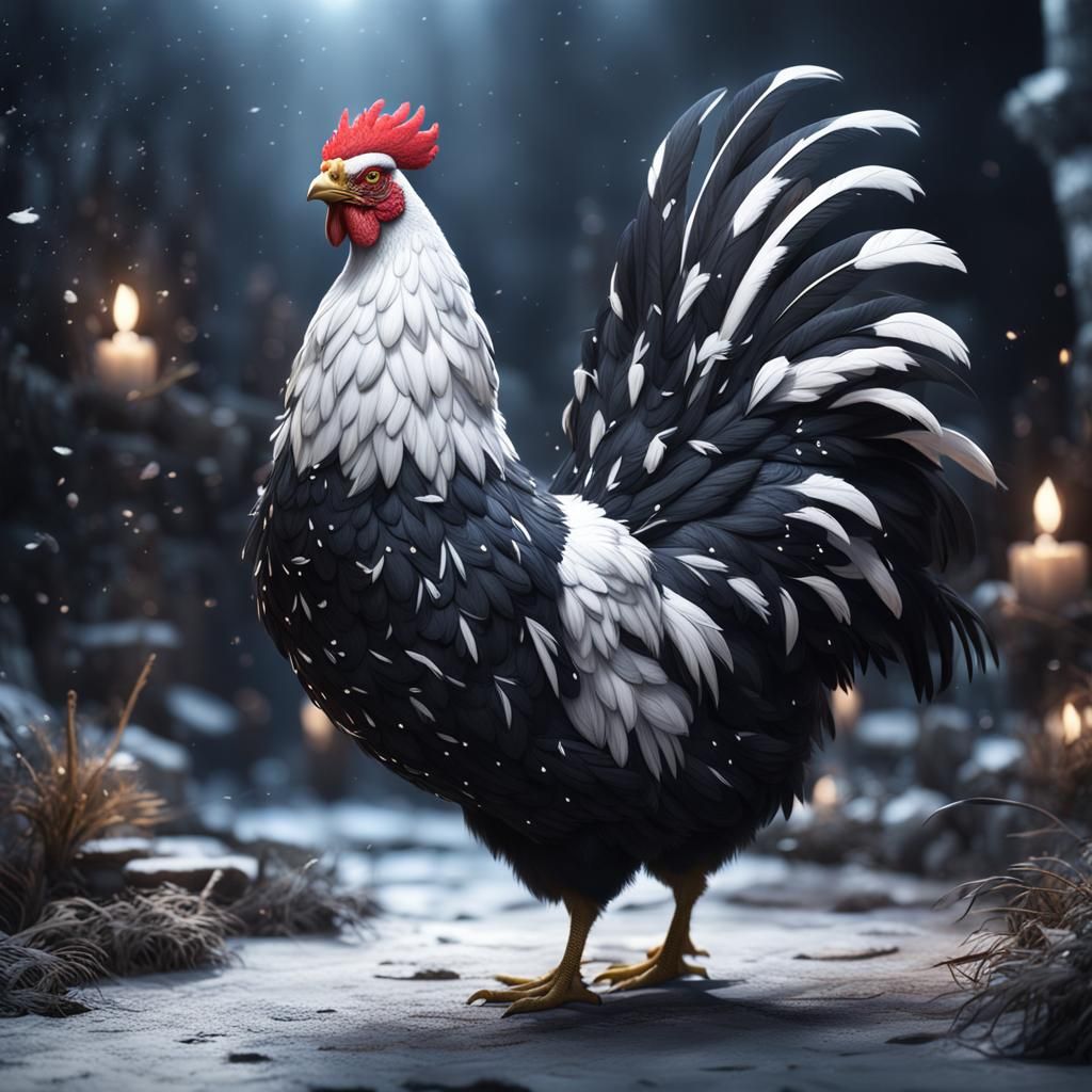 Magical Hen with Intricate Black and White Feathers