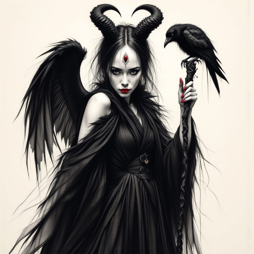 Dark Fairy Queen with Raven Staff in Charcoal Style