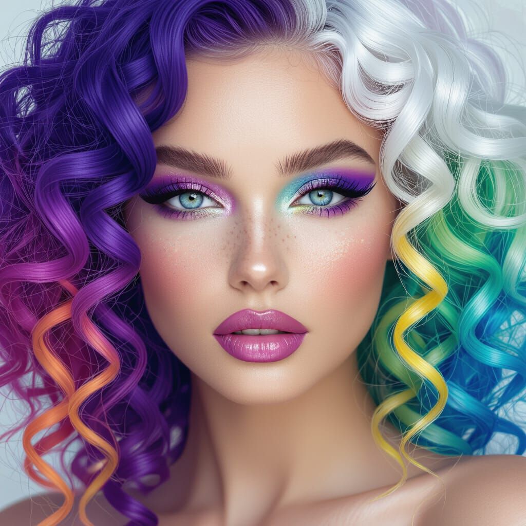 Glamorous Woman with Vibrant Hair and Bold Makeup