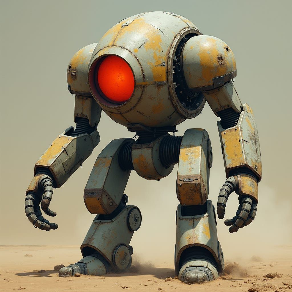 Glowing Red Cyclopean Droid in Industrial Futuristic Armour