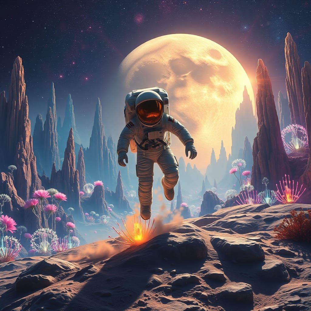 Astronaut on Moon in a Sci-Fi Dreamscape
