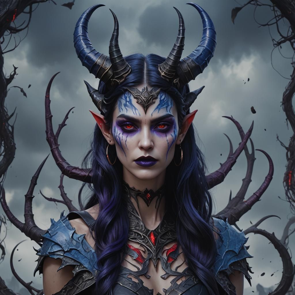 Blue-Skinned Devil Woman: Fantastical Digital Portrait