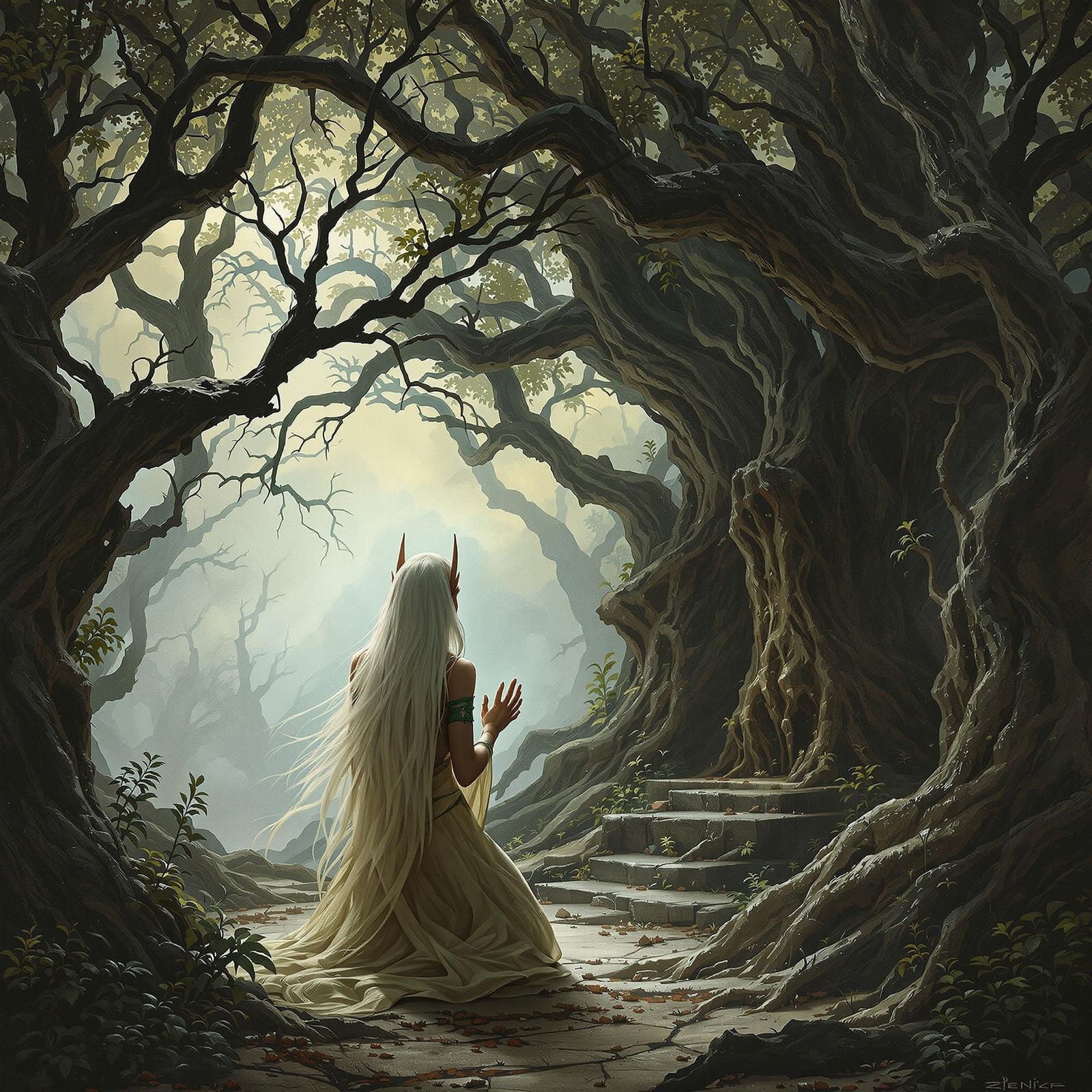 Elven Priestess Prayer in Gothic Grove Painting