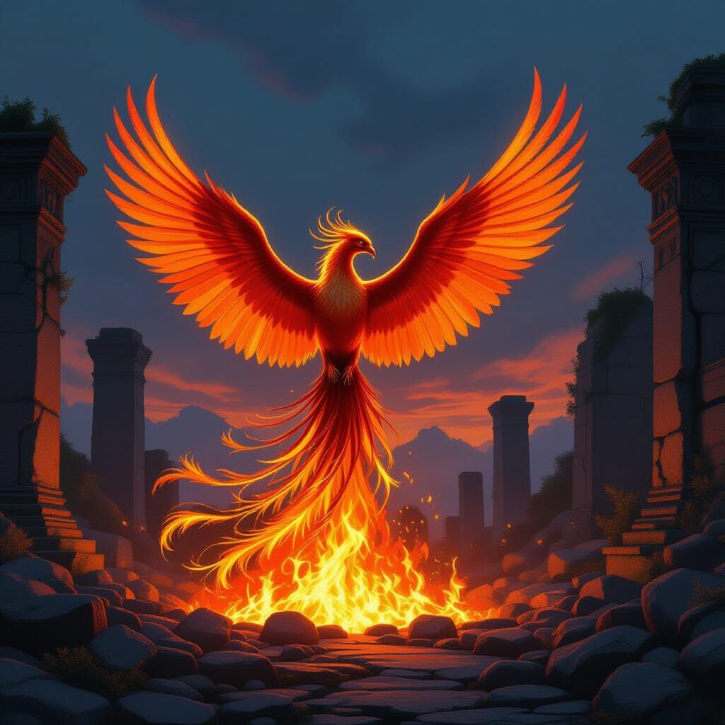 Majestic Phoenix Rises From Embers in Fantasy Art Nouveau St...