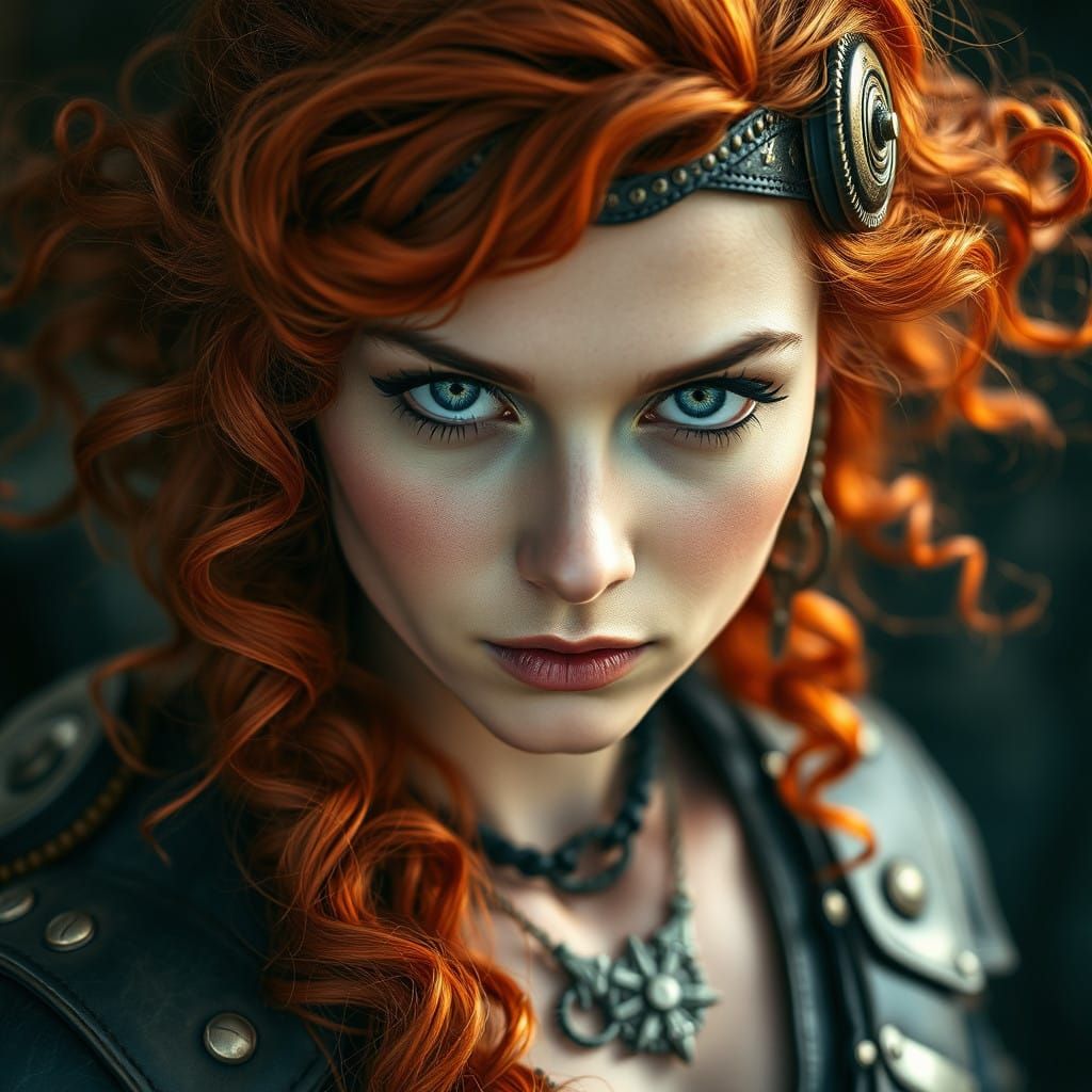 Stunning Steampunk Warrior Girl with Vibrant Red Hair and Bl...