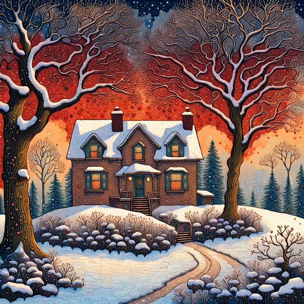 Cozy House Puzzle Art in Winter Snowfall