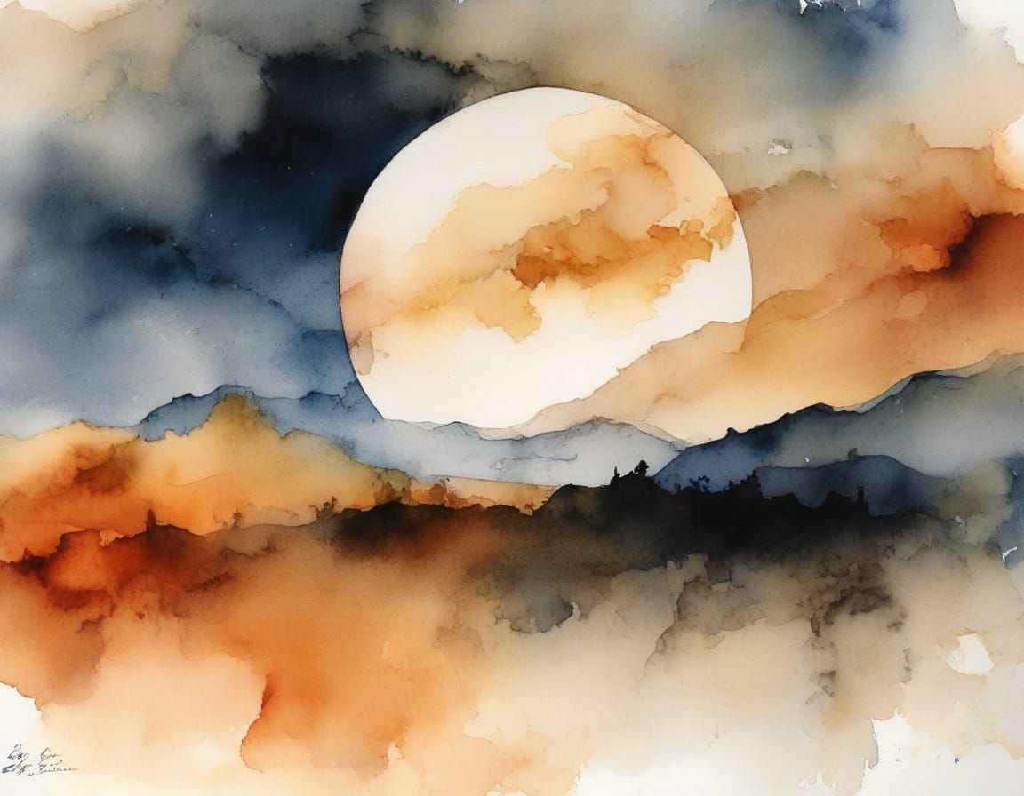 Ethereal Moon in Hazy Sky: Watercolour Double Exposure