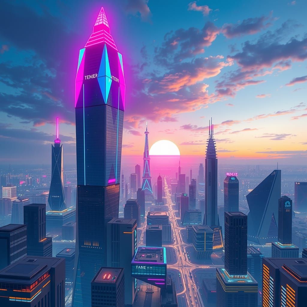 Synthwave Neon Tesseract Cityscape at Dusk