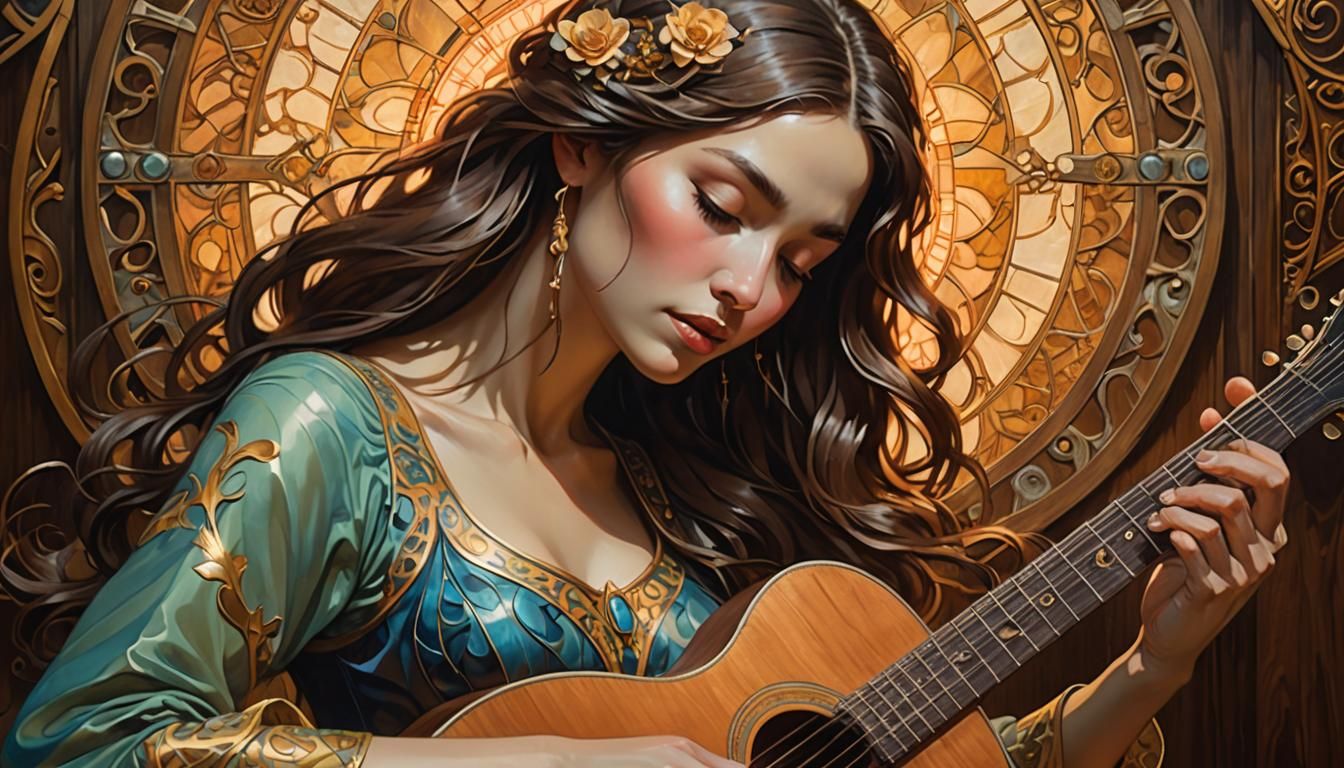 Woman Playing Guitar in Surreal Art Nouveau Style