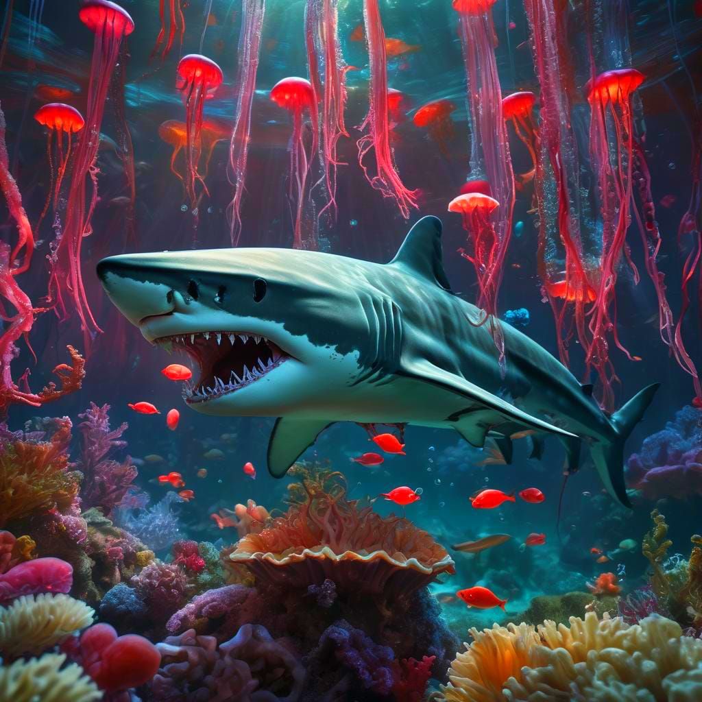jellyfish shark coral scene