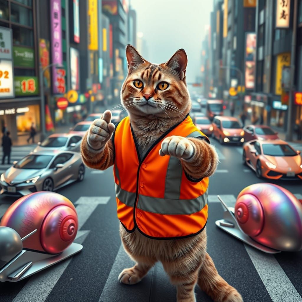 Surrealist Cat Traffic Cop Governs Futuristic Tokyo Roundabo...
