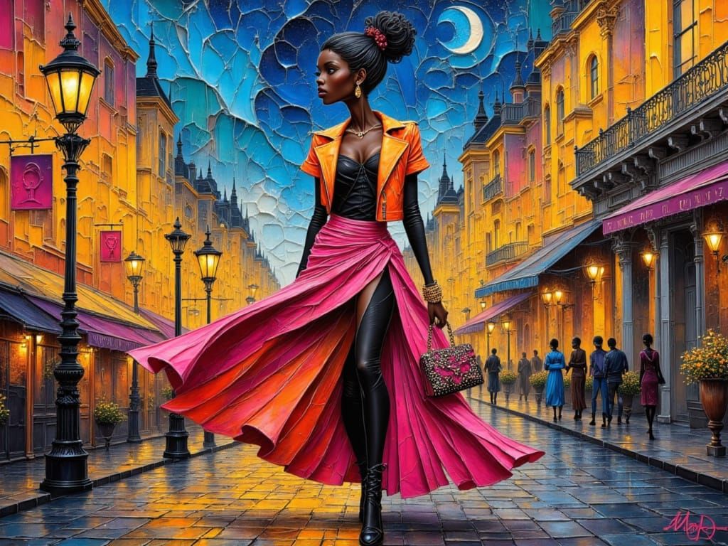 Glamorous Black Woman on Parisian Street in Neon Jacket