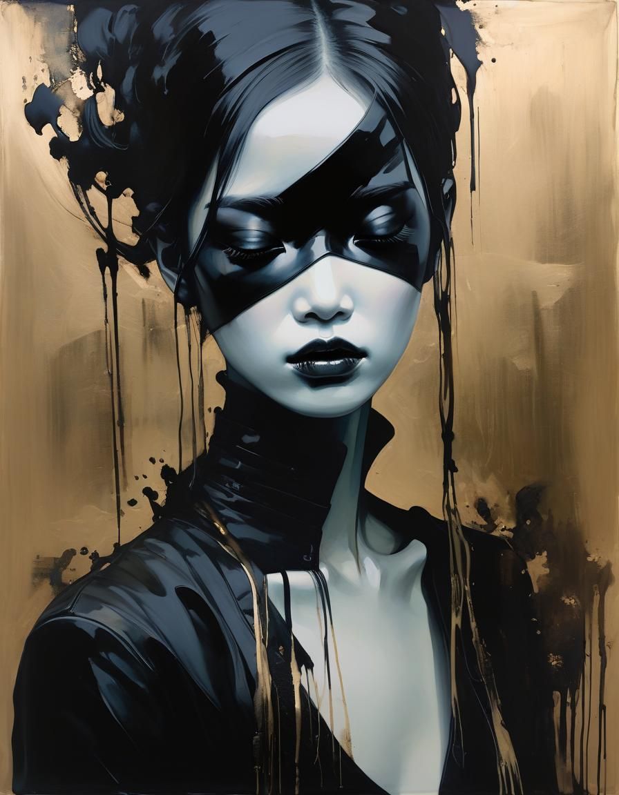 Gothic Woman Portrait with Black Makeup, Oil on Canvas