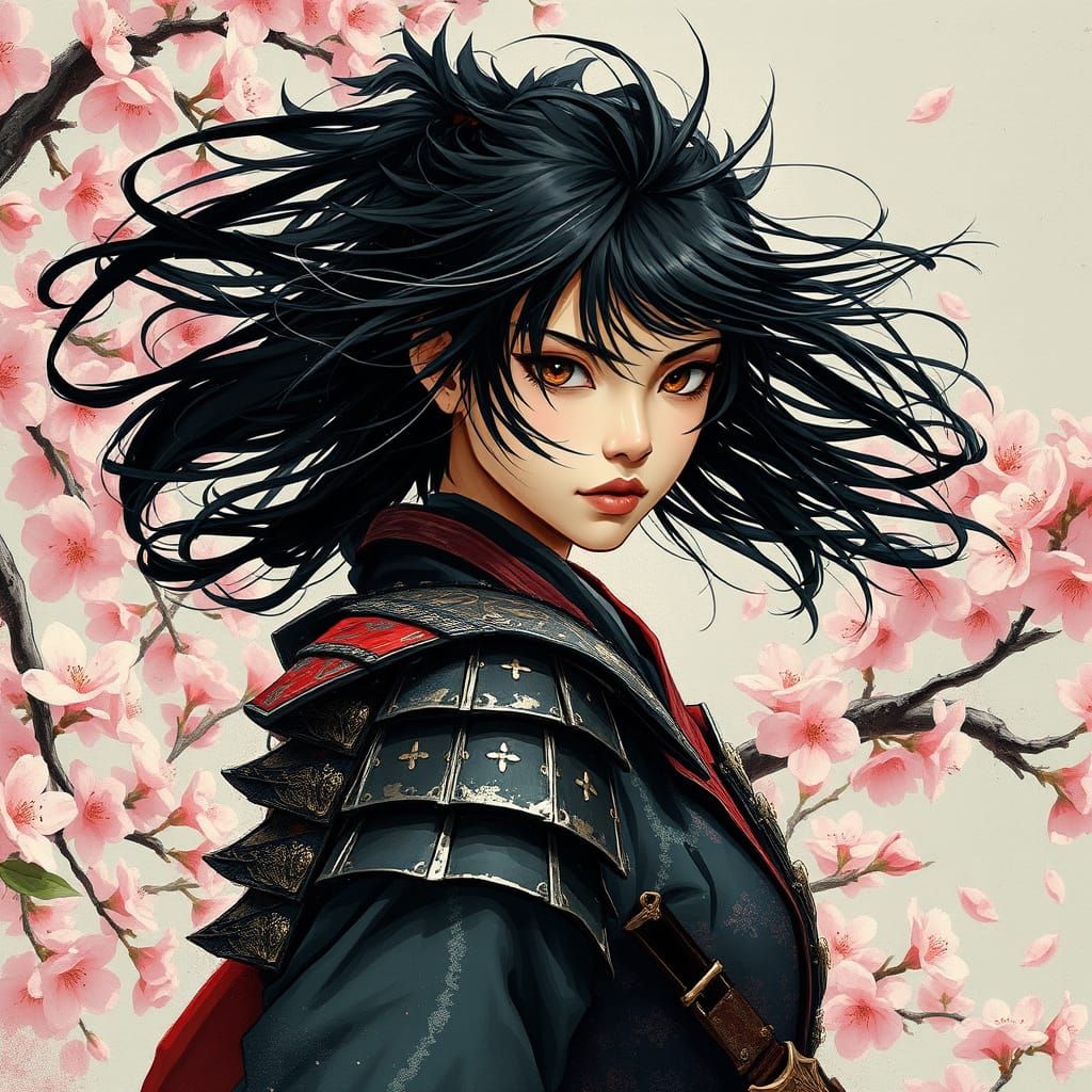 Japanese Warrior Woman Among Cherry Blossoms