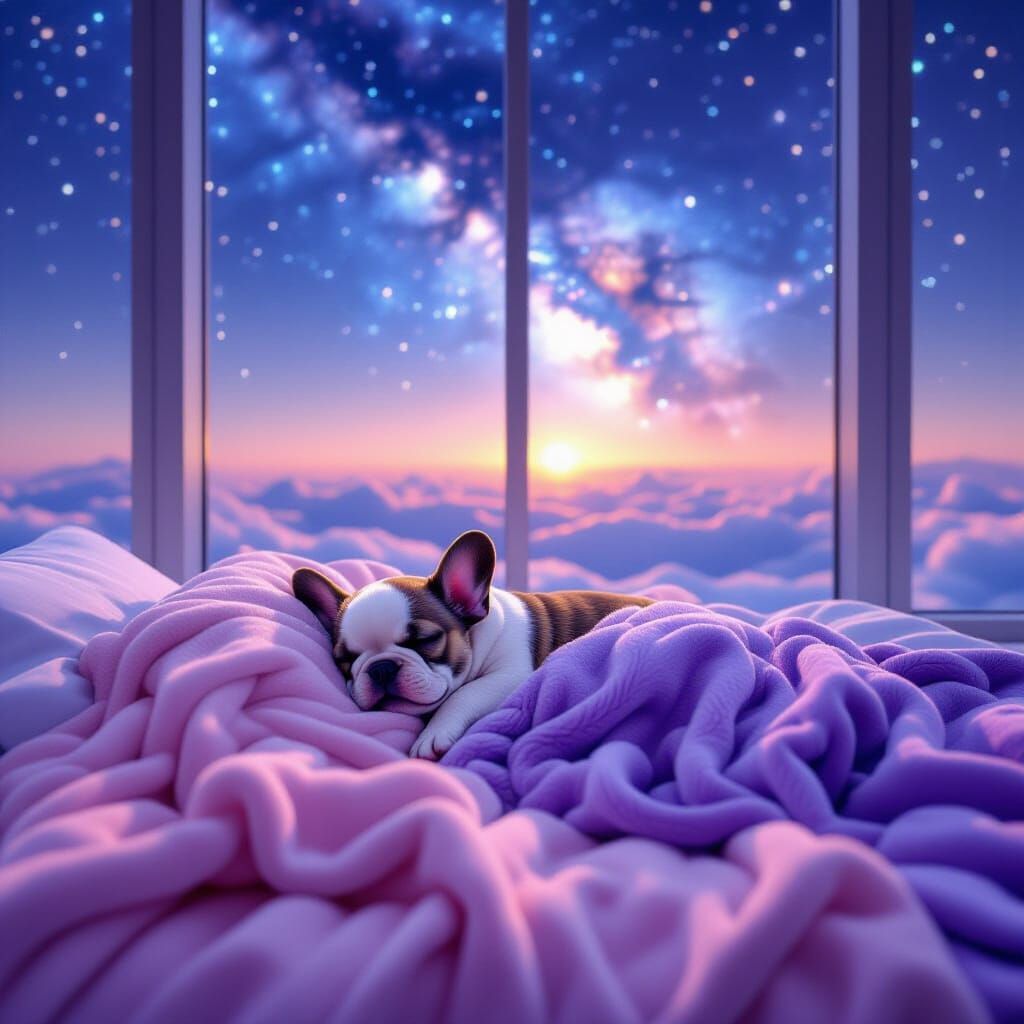 Luxurious Bed with Sleeping Fawn French Bulldog Puppy in Spa...