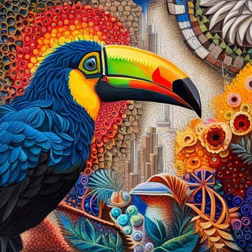 Vibrant Toucan Collage in Mosaic-Inspired Realism
