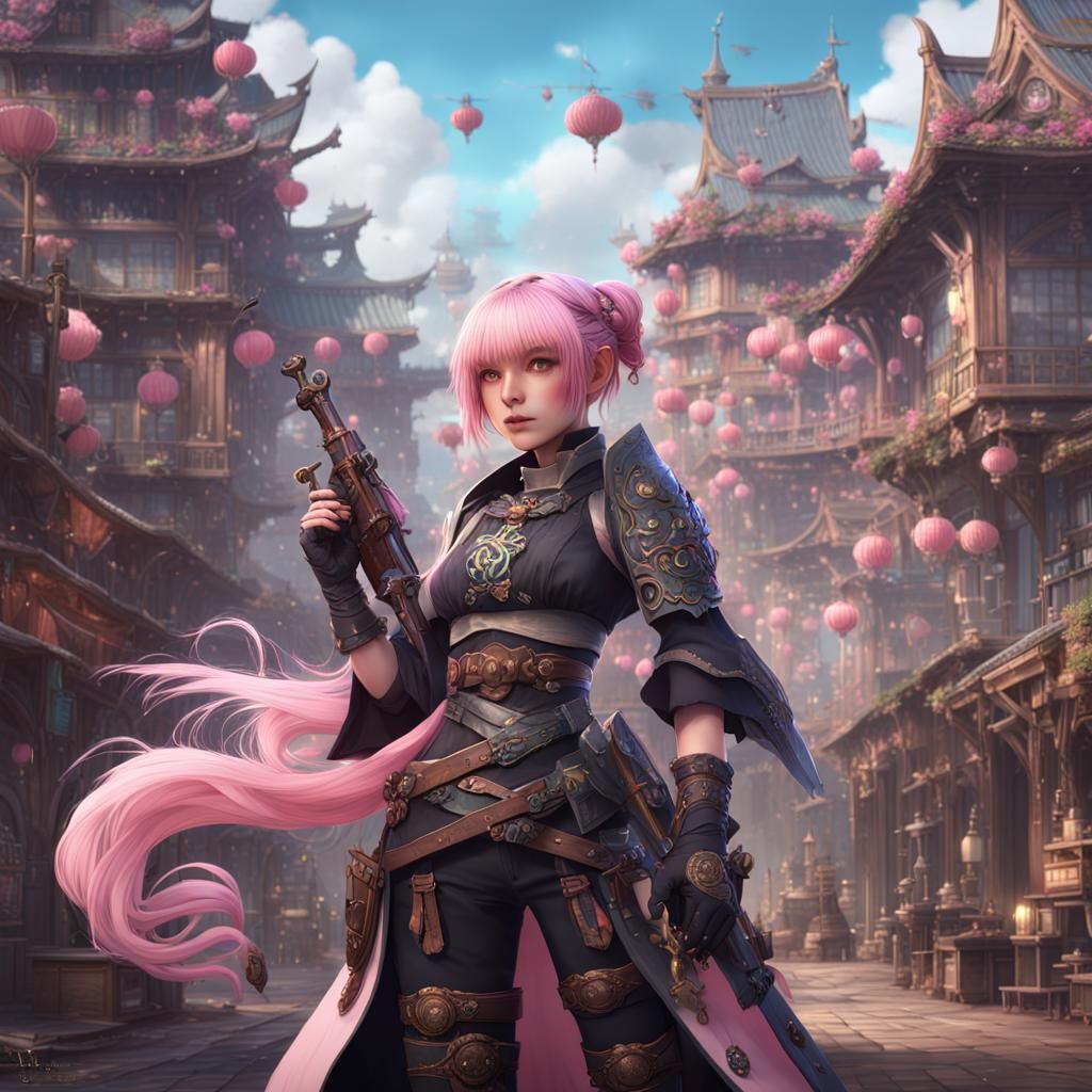 Anime Woman Fantasy Weapons Merchant in Detailed Digital Art