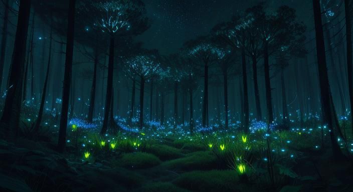 Magical Bioluminescent Forest at Night with Fireflies