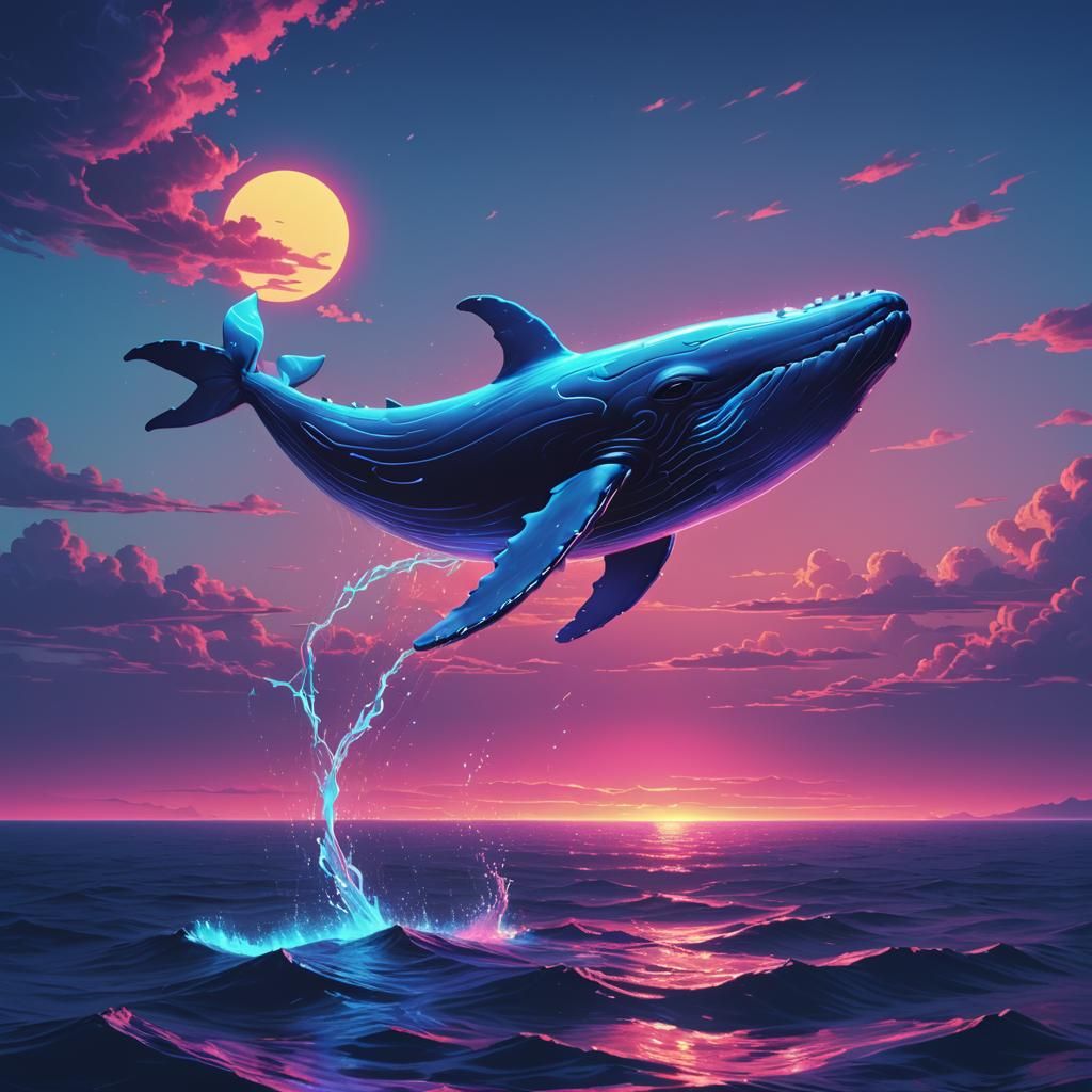 Neon Whale Leaps in Synthwave Retro Style