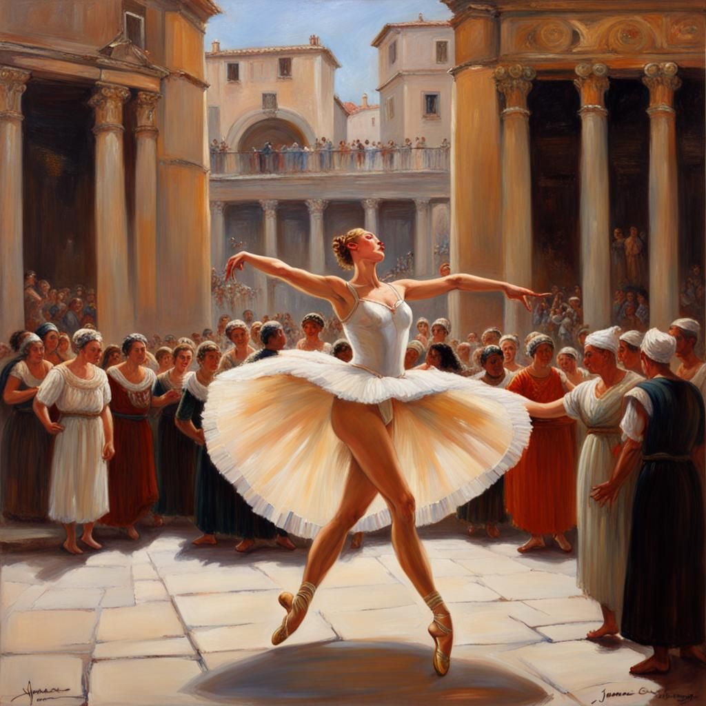 Ballerina's Dance at Roman Market: Oil Painting