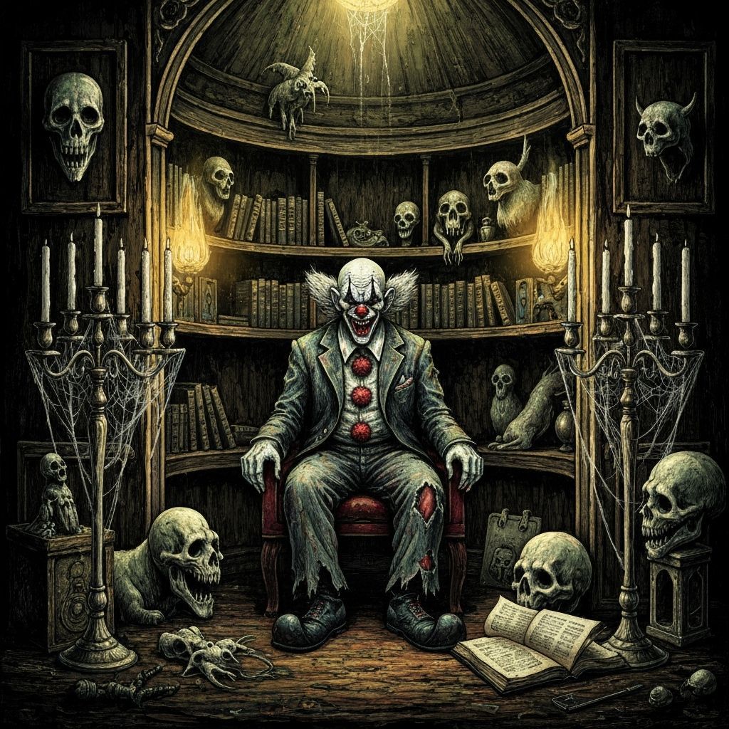 Grotesque Clown in Dimly Lit Reading Nook